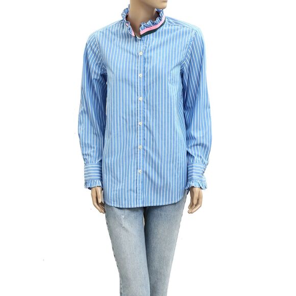 Kerri Rosenthal Striped Printed Shirt Top Ruffle Buttondown Cotton M NEW 282447 - Picture 1 of 6
